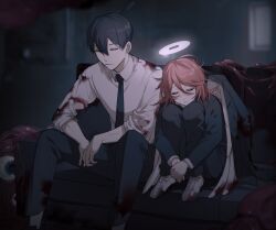 2boys angel_devil_(chainsaw_man) black_hair black_jacket black_necktie blazer blood blood_on_clothes blood_on_shoes bloody_wings chainsaw_man closed_eyes closed_mouth collared_shirt couch dress_shirt flesh formal_clothes hayakawa_aki highres indoors jacket knees_to_chest long_sleeves medium_hair ming_(5unri5e666) monster multiple_boys necktie on_couch own_hands_together red_hair shirt short_hair sitting sleeves_rolled_up white_footwear white_shirt wings