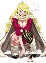 ... 1boy 1girl asymmetrical_bangs blonde_hair blue_eyes blush braid breasts cape cleavage commentary gerd_(one_piece) giant giantess heart highres kasumi_6 large_breasts leg_warmers long_hair looking_at_viewer monkey_d._luffy one_piece parted_bangs smile spoken_ellipsis spoken_heart squatting twin_braids wavy_hair white_background white_cape