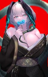 1girl absurdres alternate_costume aqua_eyes aqua_nails arknights bare_shoulders black_dress blue_flower blue_spider_lily breasts covered_mouth cowboy_shot dress feathered_wings flower grey_hair hair_between_eyes head_wings highres ho&#039;olheyak_(arknights) holding holding_flower large_breasts long_tail looking_at_viewer lycoris-fullbloom medium_hair snake_tail solo spider_lily tail wings