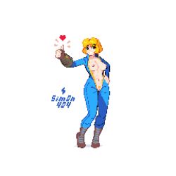Rule 34 | 1girl, artist name, blonde hair, blonde pubic hair, blue jumpsuit, boots, breasts, brown eyes, cleft of venus, commentary, english commentary, fallout, female pubic hair, full body, grin, hand on own hip, heart, jumpsuit, large breasts, long sleeves, looking at viewer, naked jumpsuit, navel, nipples, open jumpsuit, pip boy, pixel art, pubic hair, pussy, short hair, sim0n404, simple background, smile, solo, standing, thumbs up, vault girl, white background