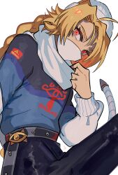 1girl adapted_costume beanie black_pants blonde_hair braid eyelashes hat long_hair long_sleeves looking_at_viewer mask mouth_mask nintendo pants sheik sheikah simple_background solo sweater the_legend_of_zelda the_legend_of_zelda:_ocarina_of_time white_background white_hat white_mask yasaikakiage