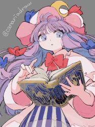 1girl blue_bow book bow canariadraw crescent crescent_hair_ornament crescent_hat_ornament crescent_pin dress embodiment_of_scarlet_devil grey_background hair_bow hair_ornament hat hat_ornament highres long_hair looking_at_viewer mob_cap patchouli_knowledge purple_eyes purple_hair reading red_bow ribbon solo striped_clothes striped_dress touhou vertical-striped_clothes vertical-striped_dress
