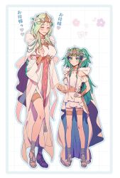 2girls ^_^ blush breasts closed_eyes commentary_request dress female_focus fire_emblem fire_emblem:_three_houses fire_emblem_heroes full_body gladiator_sandals green_eyes green_hair hand_on_own_hip highres holding_hands inset_border iwasinogomaae long_hair matching_hair/eyes medium_breasts mother_and_daughter multiple_girls nintendo official_alternate_costume open_mouth rhea_(aura_of_love)_(fire_emblem) rhea_(fire_emblem) sandals smile sothis_(aura_of_love)_(fire_emblem) sothis_(fire_emblem) tiara translation_request white_dress