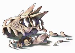 bone closed_eyes closed_mouth commentary_request curled_up fang gen_6_pokemon highres nintendo pokemon pokemon_(creature) sake_maguro sharp_teeth simple_background skull sleeping spines teeth tyrunt white_background