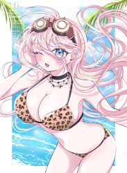 1girl ;o animal_print antenna_hair barbed_wire bare_shoulders black_choker blonde_hair blue_eyes blush breasts choker cleavage collarbone commentary cowboy_shot danganronpa_(series) danganronpa_v3:_killing_harmony day goggles goggles_on_head highres iruma_miu leopard_print leopard_print_bikini long_hair lower_teeth_only mmr_0x navel one_eye_closed outdoors solo stomach teeth watermark