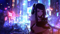 1girl absurdres animal cat cityscape collared_shirt commentary english_commentary fore_(va-11_hall-a) fur-trimmed_jacket fur_trim highres holding holding_animal holding_cat jacket jill_stingray long_hair necktie night outdoors purple_hair red_eyes red_jacket red_necktie rnna shirt sidelocks twintails upper_body va-11_hall-a
