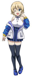 Rule 34 | 1girl, 9s0ykoyama117, absurdres, bare shoulders, black thighhighs, blonde hair, blue eyes, braid, breasts, darjeeling (girls und panzer), girls und panzer, highres, large breasts, looking at viewer, one eye closed, open mouth, simple background, smile, solo, thighhighs, white background, wink