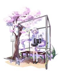 1girl absurdres alternate_costume bag black_skirt breasts bug bus_stop butterfly castorice_(honkai:_star_rail) cherry_blossoms commentary_request hi_i_dubu highres holding holding_phone honkai:_star_rail honkai_(series) insect korean_commentary long_hair phone pleated_skirt pointy_ears polyxia_(honkai:_star_rail) purple_eyes purple_hair school_uniform shoulder_bag siblings simple_background sisters skirt smile solo tree twins very_long_hair vest white_background white_vest