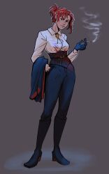 Rule 34 | 1girl, absurdres, black boots, black gloves, black pants, blood, blood on clothes, bolo tie, boots, breasts, commission, corvophobia, evangeline morgan, freckles, gloves, grey background, hand in pocket, highres, medium breasts, of the devil, pants, red hair, second-party source, shirt, smoking, solo, white shirt