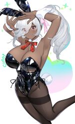 Rule 34 | 1girl, animal ears, armpits, black leotard, blush, breasts, closed mouth, dark-skinned female, dark skin, english text, eyebrows hidden by hair, fake animal ears, fake tail, hair between eyes, hair over one eye, hataraki kuma, heart, highres, large breasts, leotard, lips, long hair, looking at viewer, nail polish, original, pantyhose, playboy bunny, ponytail, red eyes, smile, solo, standing, standing on one leg, tail, white hair, white wrist cuffs, wrist cuffs, zipper pull tab