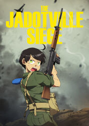 Rule 34 | 1girl, absurdres, ahoge, aircraft, ass, battle rifle, beret, black hair, braces, bullets, english text, finger on trigger, fn fal, green eyes, gun, hat, highres, holding, holding gun, holding magazine (weapon), holding weapon, looking at viewer, magazine (weapon), military, military uniform, mrxinom, open mouth, original, pants, pocket, pouch bags, rifle, rolled sleeves, sandbag, short hair, shouting, smoke, smoking barrel, teeth, weapon