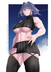 abs anxientdesu black_thighhighs blue_eyes blue_hair bow bow_earrings breasts chain collarbone cowboy_shot dark_blue_hair earrings garter_straps hair_intakes hand_on_own_hip highres hololive hololive_english jewelry large_breasts looking_at_viewer medium_hair micro_shorts midriff muscular muscular_arms muscular_female muscular_legs nail_polish navel night night_sky ouro_kronii shorts shorts_under_skirt side_slit skirt sky sleeveless sleeveless_turtleneck_crop_top solo standing thick_thighs thighhighs thighs toned toned_belly toned_female underboob virtual_youtuber