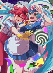 2girls @_@ ankle_socks apron arm_up blue_dress blue_eyes blue_hair blue_hat bow buttons cloud collared_shirt double-breasted dress drill_hair flat_chest floating_hair gloves hair_between_eyes hand_on_another&#039;s_chest hand_on_another&#039;s_waist hat hat_bow hatsune_miku highres kasane_teto kepi leaning_back leaning_forward lower_teeth_only mesmerizer_(vocaloid) military_hat multiple_girls outstretched_arm pants pinstripe_dress pinstripe_hat pinstripe_pattern red_bow red_eyes red_hat red_pants sailor_collar sharp_teeth shian726 shirt short_sleeves smiley_hat_ornament socks spiral standing suspenders sweatdrop teeth tongue tongue_out twin_drills twintails two-tone_bow utau vocaloid waist_apron white_apron white_bow white_sailor_collar white_wrist_cuffs wing_collar wrist_cuffs yellow_gloves