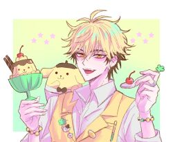 1boy :d animal badge bead_bracelet beads black_hair blonde_hair bracelet button_badge cherry collared_shirt crossover dog earrings eyebrow_piercing fang food fruit green_background hair_between_eyes holding holding_food holding_spoon jewelry long_sleeves looking_at_viewer male_focus multicolored_hair official_alternate_costume open_mouth orange_eyes piercing pomp0727 pompompurin pudding ring sanrio shiguang_dailiren shirt short_hair smile solo spoon star_(symbol) two-tone_hair upper_body vest white_shirt xia_fei yellow_eyes yellow_vest