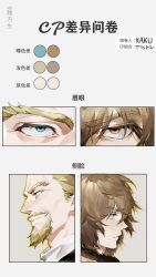 Rule 34 | 2boys, askeladd, beard, blonde hair, blue eyes, brown eyes, closed mouth, color guide, facial hair, frown, fur-trimmed jacket, fur trim, goatee, hair between eyes, highres, jacket, kakuzta, male focus, mature male, multiple boys, smirk, thorfinn, upper body, vinland saga