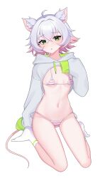 1girl :o absurdres ahoge animal_ear_fluff animal_ears ankle_socks arm_behind_back arm_support bags_under_eyes bikini borrowed_character breasts colored_tips commentary demcheg dot_nose drawstring ear_piercing embarrassed english_commentary eyebrows_hidden_by_hair flipped_hair full_body furrowed_brow gradient_hair green_eyes green_shrug green_sleeve_cuffs grey_shrug groin hair_between_eyes hair_flaps hair_intakes half-closed_eyes hand_on_own_chest hand_up head_tilt highres hood hood_down hooded_shrug invisible_floor leaning_back light_blush long_eyelashes long_sleeves looking_at_viewer micro_bikini mouse_ears mouse_girl mouse_tail multicolored_bikini multicolored_hair multiple_piercings narrowed_eyes navel no_shoes open_mouth original perl_(vertigris) piercing pink_bikini pink_hair pink_tail raised_eyebrows raised_inner_eyebrows short_hair shrug_(clothing) side-tie_bikini_bottom sideboob sidelocks sitting skindentation sleeves_past_wrists small_breasts socks solo sparkling_eyes string_bikini striped_bikini striped_clothes swimsuit tail thick_eyelashes thighs two-sided_fabric two-tone_bikini two-tone_hair underboob wariza white_bikini white_hair white_socks wide_hips