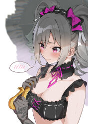 1girl absurdres bikini black_bikini blush bow breasts cleavage commentary_request commission cross-laced_bikini cross-laced_clothes detached_collar drill_hair frilled_bikini frills gloves grey_hair hair_bow highres holding holding_umbrella idolmaster idolmaster_cinderella_girls kanzaki_ranko lace lace_gloves large_breasts looking_ahead neck_ribbon official_alternate_costume pasuterusawaa pink_bow pink_eyes pink_ribbon ribbon sidelocks simple_background skeb_commission solo spoken_blush swimsuit twin_drills twitter_username umbrella upper_body white_background
