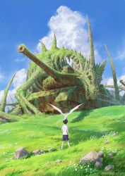 1boy animal artist_name black_hair bone cloud creature day dragon dragon_tail dragon_wings flower foliage grass grave hill military military_vehicle motor_vehicle nurikabe_(mictlan-tecuhtli) original oversized_animal ribs rock shadow sharp_teeth shirt shorts sky solo standing tail tank teeth white_flower white_legwear white_shirt wings