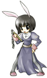 1girl animal_ears ark_kan black_eyes black_hair black_thighhighs blunt_bangs bob_cut chain commentary_request dress full_body holding holding_chain juliet_sleeves long_sleeves looking_at_viewer lowres open_mouth pink_shoes priest_(ragnarok_online) puffy_sleeves purple_dress rabbit_ears ragnarok_online shoes short_hair side_slit simple_background smile solo thighhighs white_background