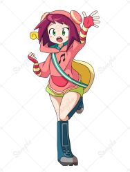 1girl :d blue_boots blush_stickers boots fingerless_gloves gloves green_eyes green_shorts hood hood_up hoodie knee_boots looking_at_viewer mega_man_(series) mega_man_star_force_(series) open_mouth pink_hair pink_hoodie sample_watermark short_hair short_shorts shorts smile solo sonia_strumm_(mega_man) standing standing_on_one_leg teeth upper_teeth_only watermark waving wuh9p7bltjdctiy