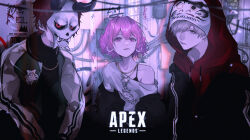 1girl 2boys absurdres apex_legends arisakaaa_(crazy_raccoon) black_horns black_jacket black_shirt bra_strap cable closed_mouth collarbone commentary_request copyright_name crazy_raccoon daruma_is_god demon_horns drawstring earrings gold_necklace graffiti grey_eyes grey_hair hair_between_eyes hair_ornament hairclip highres hood hood_up hoodie hoop_earrings horns indie_utaite indoors jacket jacket_over_hoodie jacket_partially_removed jewelry letterman_jacket lipstick long_sleeves looking_at_viewer makeup mano_aaa mask multiple_boys necklace nqrse open_clothes open_jacket parallel_hairclips pink_eyes pink_hair pink_lips red_hair red_hoodie shirt short_hair single-shoulder_shirt single_bare_shoulder skull_necklace t-shirt upper_body utaite white_shirt white_sleeves wire