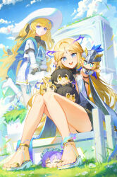 Rule 34 | + +, 2girls, absurdres, bare legs, black bow, black collar, black dress, black gloves, black hair, blonde hair, blue eyes, blue sash, blue sky, bow, cantarella (wuthering waves), cartethyia (wuthering waves), collar, commentary request, crown of thorns, day, dl (dl 6ix), dress, earrings, feet, female rover (wuthering waves), fleurdelys (wuthering waves), gloves, hair bow, hair ornament, hand puppet, hat, highres, jewelry, knees together feet apart, legs, long hair, long sleeves, looking at viewer, male rover (wuthering waves), multiple girls, open mouth, pantyhose, parted bangs, parted lips, phoebe (wuthering waves), pointy ears, puppet, remnant cube (wuthering waves), rover (wuthering waves), sandals, sash, shirt, skirt, sky, smile, tabard, tacet mark (wuthering waves), teeth, thighs, toes, upper teeth only, very long hair, white hat, white pantyhose, white shirt, white skirt, white tabard, wuthering waves, x hair ornament, yellow eyes