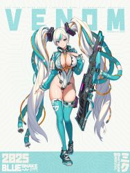 1girl 2025 absurdres aqua_eyes aqua_hair aqua_jacket aqua_thighhighs artist_name black_shoes breasts cable_hair character_name chest_harness closed_mouth commentary cropped_jacket earrings english_commentary english_text facial_mark full_body gun hair_ornament hand_on_own_chest harness hatsune_miku hichi highleg highleg_leotard highres jacket jewelry large_breasts leotard long_hair long_sleeves looking_at_viewer multicolored_hair multicolored_jacket open_clothes open_jacket piano_keys puffy_long_sleeves puffy_sleeves shoes smile sneakers solo standing streaked_hair thighhighs twintails two-tone_hair two-tone_jacket very_long_hair vocaloid weapon white_hair white_jacket white_leotard