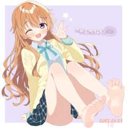 1girl barefoot blush brown_hair feet highres konoe_kanata long_hair looking_at_viewer love_live! love_live!_nijigasaki_high_school_idol_club one_eye_closed open_mouth purple_eyes soles toes tr_(pixiv67424465) wink
