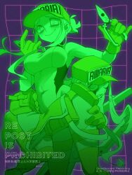 Rule 34 | 2girls, absurdres, awaria, belt, breasts, caroline cutwire 1, caroline cutwire 2, closed mouth, covered navel, ghost, ghost girl, gloves, grid background, hat, hiding, hiding behind another, highres, holding, holding pliers, large breasts, long sidelocks, looking at viewer, multiple girls, noah (tettsui-sole), oversized object, pliers, ponytail, purple background, short hair with long locks, short ponytail, sidelocks, skin tight, smile, twitter username, utility belt, watermark