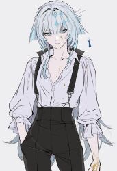 Rule 34 | 1girl, alternate costume, arm at side, black pants, blood, blood on chest, blood on clothes, blood on face, blood on hands, blue eyes, blue hair, bright pupils, buttons, center opening, cerydra (honkai: star rail), chess piece, closed mouth, collarbone, collared shirt, commentary, contrapposto, cowboy shot, dress pants, dress shirt, flat chest, frilled sleeves, frills, grey background, hair intakes, hand in pocket, hashtag-only commentary, high-waist pants, highres, honkai: star rail, honkai (series), hwan (mob hwan), long hair, looking at viewer, pants, partially unbuttoned, poet shirt, puffy sleeves, serious, shirt, shirt tucked in, simple background, solo, stained clothes, standing, suspenders, symbol-only commentary, three-quarter sleeves, tsurime, very long hair, white pupils, yellow blood