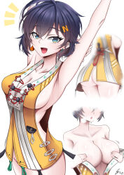 1girl absurdres ahoge arm_up armpits ass belle_(delicate_daylight)_(zenless_zone_zero) belle_(zenless_zone_zero) blue_eyes blue_hair bosssen breasts cleavage dress earrings green_eyes highres jewelry looking_at_viewer medium_breasts official_alternate_costume open_mouth smile solo yellow_dress zenless_zone_zero
