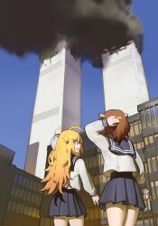 2girls 9/11 absurdres ahoge antlers arm_up blonde_hair blue_sailor_collar blue_skirt brown_hair central_intelligence_agency chevron_(symbol) city commentary cowboy_shot deer_antlers english_commentary from_behind hand_on_own_head highres holding horns koshi_torako long_hair long_sleeves multiple_girls open_mouth outdoors pacpoi pointing purple_eyes sailor_collar scared school_uniform serafuku shikanoko_noko shikanoko_nokonoko_koshitantan shirt short_hair skirt smoke very_long_hair white_shirt world_trade_center