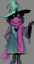 1boy absurdres animal_ears claws covered_horns deltarune fangs full_body furry furry_male glasses goat_boy goat_ears goat_horns green_robe hat heart heart_print highres horns looking_at_viewer pawpads pink_scarf pkbunny ralsei robe scarf shaded_face smile solo wizard_hat