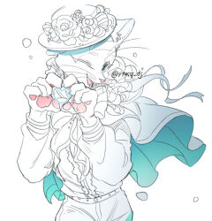 1boy animal_hands babeldj blue_eyes body_fur capelet cat_boy claws colored_eyelashes commentary_request cowboy_shot flower furry furry_male hands_up hat hat_flower heart heart_hands long_sleeves looking_at_viewer male_focus one_eye_closed open_mouth original partially_colored puffy_long_sleeves puffy_sleeves shirt simple_background solo tilted_headwear whiskers white_background white_fur