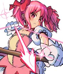 1girl aiming altovc_0615 arrow_(projectile) bow bow_(weapon) bright_pupils bubble_skirt center_frills chest_jewel choker collarbone commentary cowboy_shot determined drawing_bow dress energy_arrow eyelashes frilled_dress frilled_skirt frilled_sleeves frills gem gloves hair_bow highres holding holding_arrow holding_bow_(weapon) holding_weapon kaname_madoka light_blush magical_girl mahou_shoujo_madoka_magica mahou_shoujo_madoka_magica_(anime) miniskirt open_mouth pink_dress pink_eyes pink_gemstone pink_hair puffy_short_sleeves puffy_sleeves red_bow red_choker short_hair short_sleeves short_twintails simple_background skirt skirt_under_dress solo sparkle standing twintails waist_bow weapon white_background white_gloves white_pupils white_skirt white_sleeves