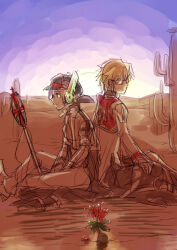 Rule 34 | 2boys, arch bishop (ragnarok online), back-to-back, black hat, blonde hair, blue sky, brown pants, cactus, closed mouth, coat, commentary request, cross, expressionless, feet out of frame, flower, glasses, green eyes, hat, high priest (ragnarok online), long sleeves, looking afar, male focus, multiple boys, newsboy cap, outdoors, pants, purple hair, ragnarok online, red eyes, red flower, robot ears, short hair, sketch, sky, sun, sunset, white coat, white pants, yukimushi
