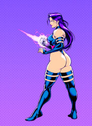 1girl ass blue_leotard bridal_gauntlets curvy energy_blade halter_leotard halterneck highleg highleg_leotard highres impossible_clothes impossible_leotard jiggeh leotard looking_ahead marvel marvel_super_heroes marvel_vs._capcom marvel_vs._capcom_2 muscular muscular_female polka_dot polka_dot_background psylocke purple_background purple_eyes purple_hair red_sash revealing_clothes sash shiny_skin smile solo superhero_costume thong_leotard waist_sash wide_hips x-men