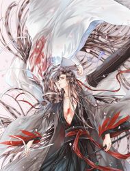 2boys ahoge bbbeyonce099 black_hair black_hanfu black_robe blood blood_on_chest blood_on_clothes chest_tattoo chinese_clothes closed_eyes coat collarbone flute grey_coat guqin hair_down hair_ribbon half_updo hanfu headband highres holding holding_flute holding_instrument imminent_kiss instrument lan_wangji long_hair long_sleeves looking_at_another lying male_focus modao_zushi multiple_boys official_alternate_costume official_alternate_hairstyle on_back on_side open_clothes open_robe parted_lips pectoral_cleavage pectorals petals pink_petals profile red_eyes red_ribbon red_sash ribbon robe rotational_symmetry sash tassel tattoo topknot upside-down very_long_hair wei_wuxian wei_wuxian_(yiling_laozu) white_hanfu white_headband white_robe wide_sleeves xiao_guan_(headdress) yaoi