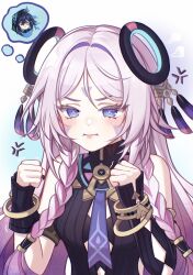 1boy 1girl :i absurdres bare_shoulders blue_eyes blush bracelet citlali_(genshin_impact) clenched_hands commentary english_commentary facial_mark forehead_mark genshin_impact hands_up highres jewelry long_hair ororon_(genshin_impact) pink_hair rarrot ring_hair_ornament sleeveless upper_body very_long_hair