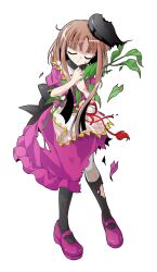 1girl alphes_(style) apron black_hat black_socks blush brown_hair capelet commentary_request dairi damaged defeat dress full_body hat holding kneehighs leaf long_hair mary_janes myouga_(plant) nishida_satono open_mouth parody puffy_short_sleeves puffy_sleeves purple_dress purple_eyes purple_shoes red_ribbon ribbon shoes short_sleeves sidelocks socks solo standing style_parody tachi-e tassel tate_eboshi tears torn_clothes torn_dress touhou transparent_background waist_apron white_apron white_capelet