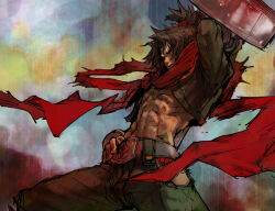 1boy abs arm_up bad_tag blazblue brown_hair cross_scar emblem green_pants hair_up hand_on_belt japanese_clothes long_scarf looking_at_viewer metal_wrist_cuffs mozuku_(igara) ninja pants red_scarf scar scar_on_face scarf shishigami_bang solo stomach
