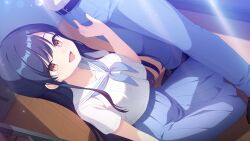 1boy 1girl :d belt black_belt black_hair blue_neckerchief blue_pants blue_skirt brown_eyes collarbone collared_shirt dress_shirt game_cg hetero highres imminent_fellatio indoors koruri long_hair long_skirt neckerchief neko_to_wakai_seyo! open_mouth pants pleated_skirt sailor_collar sailor_shirt school_uniform shirt short_sleeves skirt smile sweatdrop tachibana_seika very_long_hair white_sailor_collar white_shirt