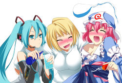 00s 3girls :d aqua_eyes aqua_hair arcueid_brunestud arm_around_shoulder bad_id bad_pixiv_id blonde_hair blush breasts closed_eyes crossover detached_sleeves drunk fang ghost hat hatsune_miku highres konpaku_youmu konpaku_youmu_(ghost) large_breasts long_hair multiple_crossover multiple_girls necktie open_mouth pink_hair saigyouji_yuyuko saru saryuu_(iriomote) short_hair smile sweater touhou tsukihime twintails very_long_hair vocaloid