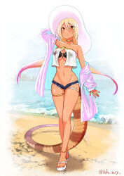 Rule 34 | :&lt;, alternate costume, bare shoulders, beach, bikini, bikini top only, black bikini, blonde hair, blush, collared shirt, cutoffs, denim, denim shorts, gold anklet, gold choker, hair between eyes, hat, highres, kashisu mint, kemono friends, king cobra (kemono friends), long hair, midriff, navel, ocean, off-shoulder shirt, off shoulder, orange eyes, sandals, shirt, short shorts, shorts, sidelocks, snake girl, snake tail, sun hat, swimsuit, tail, thigh strap, white hat, white sandals, white shirt