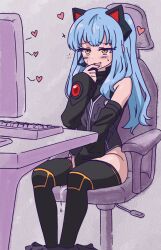 Rule 34 | 1girl, absurdres, animal ears, bare shoulders, between legs, black sleeves, black thighhighs, blue hair, blush, cat ears, chair, commentary, computer, computer keyboard, detached sleeves, drooling, eiyuu densetsu, english commentary, fake animal ears, female masturbation, fingering, hand between legs, headset, heart, highres, indoors, leotard, long hair, long sleeves, masturbation, microphone, monitor, myuk, no panties, office chair, on chair, open mouth, pussy juice, saliva, sitting, skirt, smile, solo, sweat, swivel chair, thighhighs, thighs, tio plato, yellow eyes, zero no kiseki