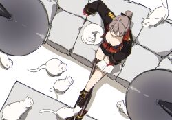 1girl aiguillette animal arm_rest asymmetrical_footwear asymmetrical_legwear azur_lane belt black_belt black_choker black_jacket black_shorts book boots bow breasts brown_hair cat choker cleavage closed_eyes closed_mouth collarbone corset couch cropped_jacket cross-laced_clothes crossed_legs epaulettes from_above gloves hair_between_eyes hair_bow half_gloves hatski.sin high_ponytail highres holding indoors jacket jean_bart_(azur_lane) knee_boots long_hair long_sleeves medium_breasts midriff mismatched_footwear o-ring o-ring_choker open_book ponytail red_gloves short_shorts shorts sidelocks single_thighhigh sitting sleeping sleeve_cuffs small_breasts solo striped_clothes striped_thighhighs thighhighs thighs too_many vertical-striped_clothes vertical-striped_thighhighs white_cat