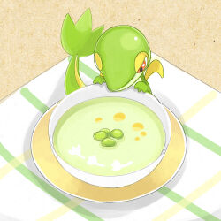 bowl creatures_(company) dashimaki_gorilla_(dasigori) food game_freak gen_5_pokemon looking_down nintendo no_humans plate pokemon pokemon_(creature) red_eyes snivy solo soup