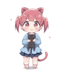 1girl :3 animal animal_ears black_cat blue_shirt blue_skirt blush cat cat_ears cat_girl cat_tail closed_mouth commentary full_body heart highres holding holding_animal holding_cat looking_at_viewer original pink_hair pleated_skirt red_eyes red_pupils shirt simple_background skirt smile solo standing symbol-only_commentary tail tamase_tama twintails white_background