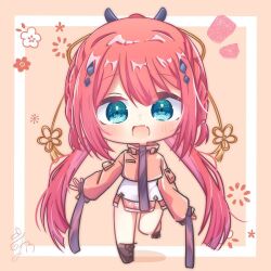 1girl :d a-pose alternate_costume aqua_eyes blunt_bangs blunt_ends blush boots braid brown_boots cherry_blossom_print chibi chibi_only fang floral_print full_body hair_between_eyes hair_ornament hairclip happy hashtag-only_commentary kamiyama_shiki lace-up_boots long_hair looking_at_viewer notice_lines open_mouth pink_background ponytail red_hair sidelocks simple_background skin_fang sleeves_past_wrists smile solo standing standing_on_one_leg summer_pockets tassel tassel_hair_ornament twin_braids utuigawa very_long_hair