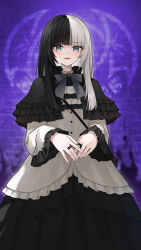 1boy absurdres androgynous aqua_eyes black_capelet black_hair black_trim blunt_bangs blurry blurry_background bow brick_wall capelet commentary cowboy_shot dress eki_doki frills grey_bow highres jewelry jiip_stomach kamen_rider kamen_rider_gavv_(series) long_hair looking_at_viewer looking_down male_focus multicolored_hair multiple_rings open_mouth purple_background ring solo trap two-tone_hair white_dress white_hair